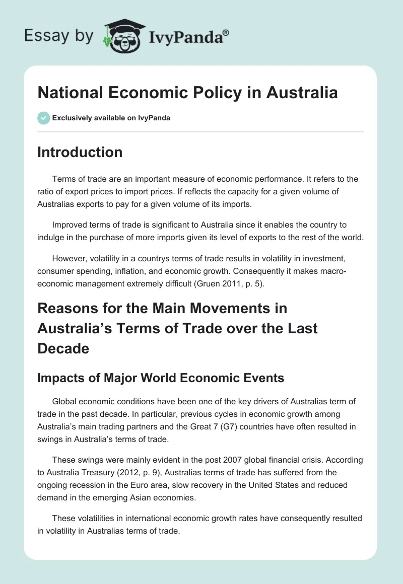 National Economic Policy in Australia. Page 1
