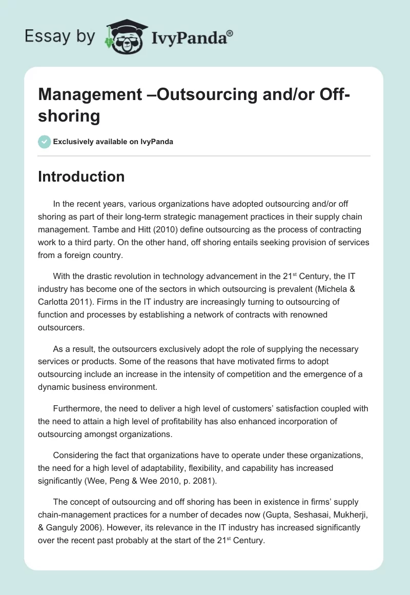 Management –Outsourcing and/or Off-Shoring. Page 1