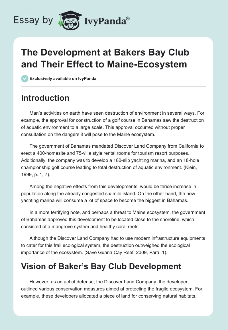 The Development at Bakers Bay Club and Their Effect to Maine-Ecosystem. Page 1