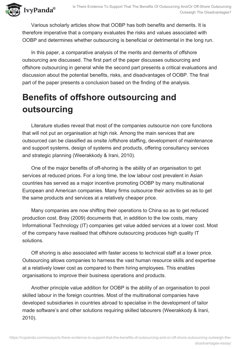 Is There Evidence to Support That the Benefits of Outsourcing and/or Off-Shore Outsourcing Outweigh the Disadvantages?. Page 2