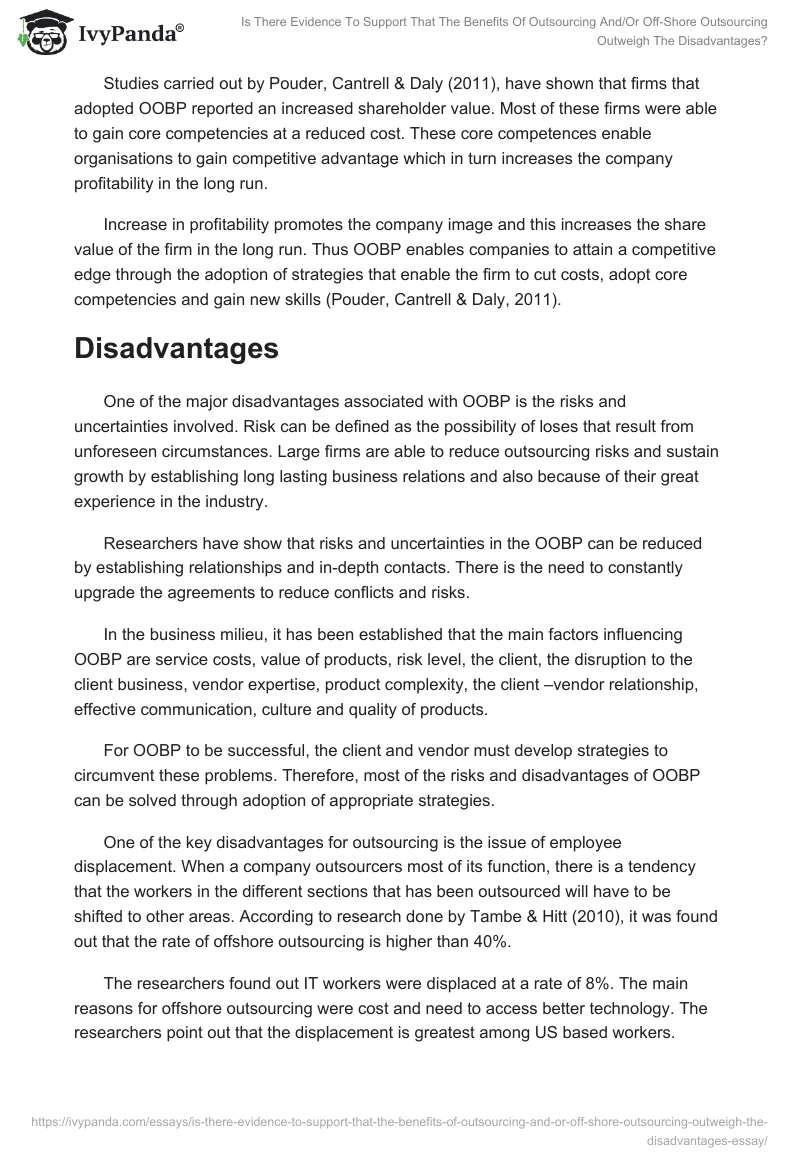 Is There Evidence to Support That the Benefits of Outsourcing and/or Off-Shore Outsourcing Outweigh the Disadvantages?. Page 4