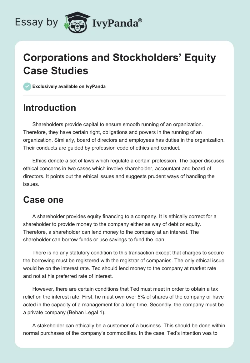Corporations and Stockholders’ Equity Case Studies. Page 1