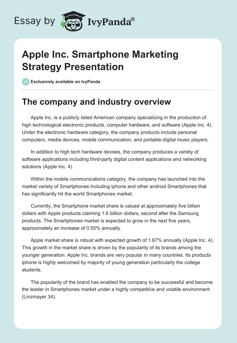 Apple Inc. Smartphone Marketing Strategy Presentation. Page 1