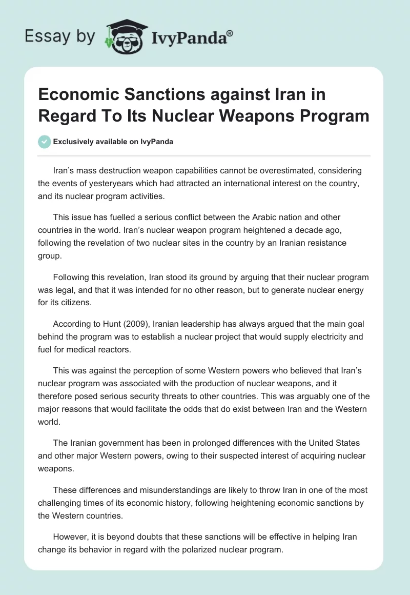 Economic Sanctions against Iran in Regard To Its Nuclear Weapons Program. Page 1