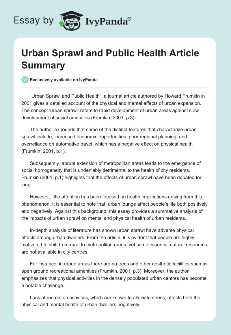 Urban Sprawl and Public Health Article Summary. Page 1