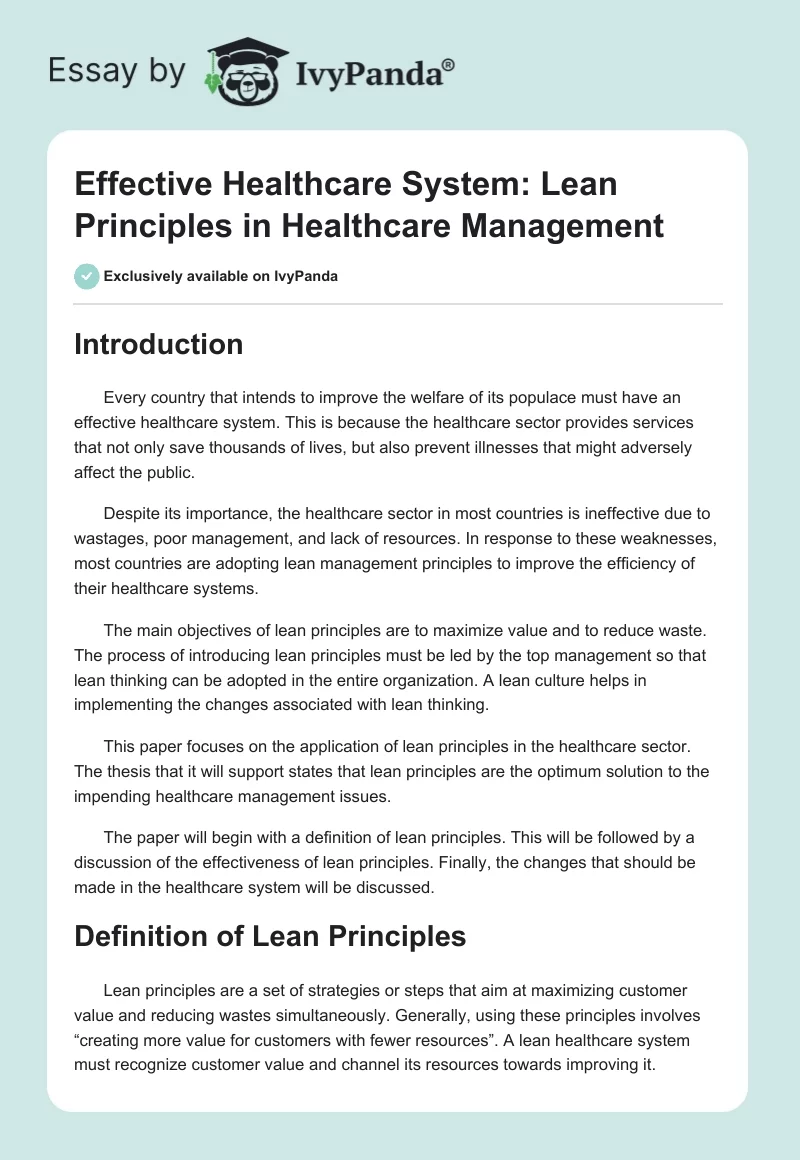 Effective Healthcare System: Lean Principles in Healthcare Management. Page 1
