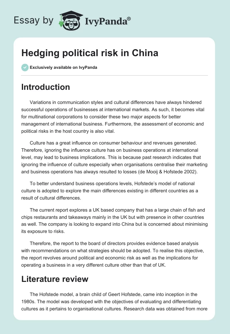 Hedging political risk in China. Page 1