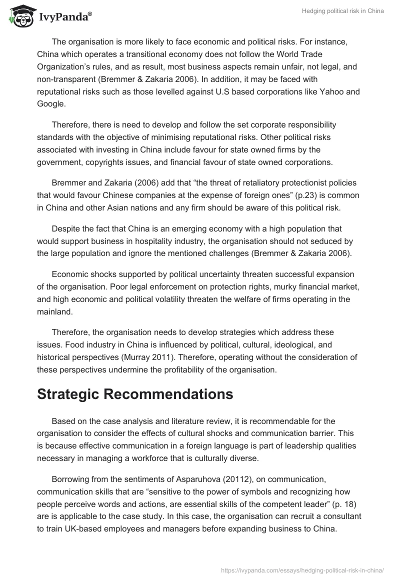Hedging political risk in China. Page 5