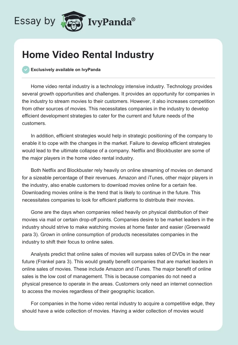 Home Video Rental Industry. Page 1