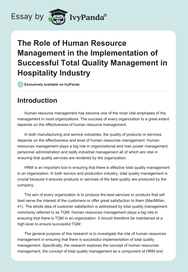 The Role of Human Resource Management in the Implementation of Successful Total Quality Management in Hospitality Industry. Page 1