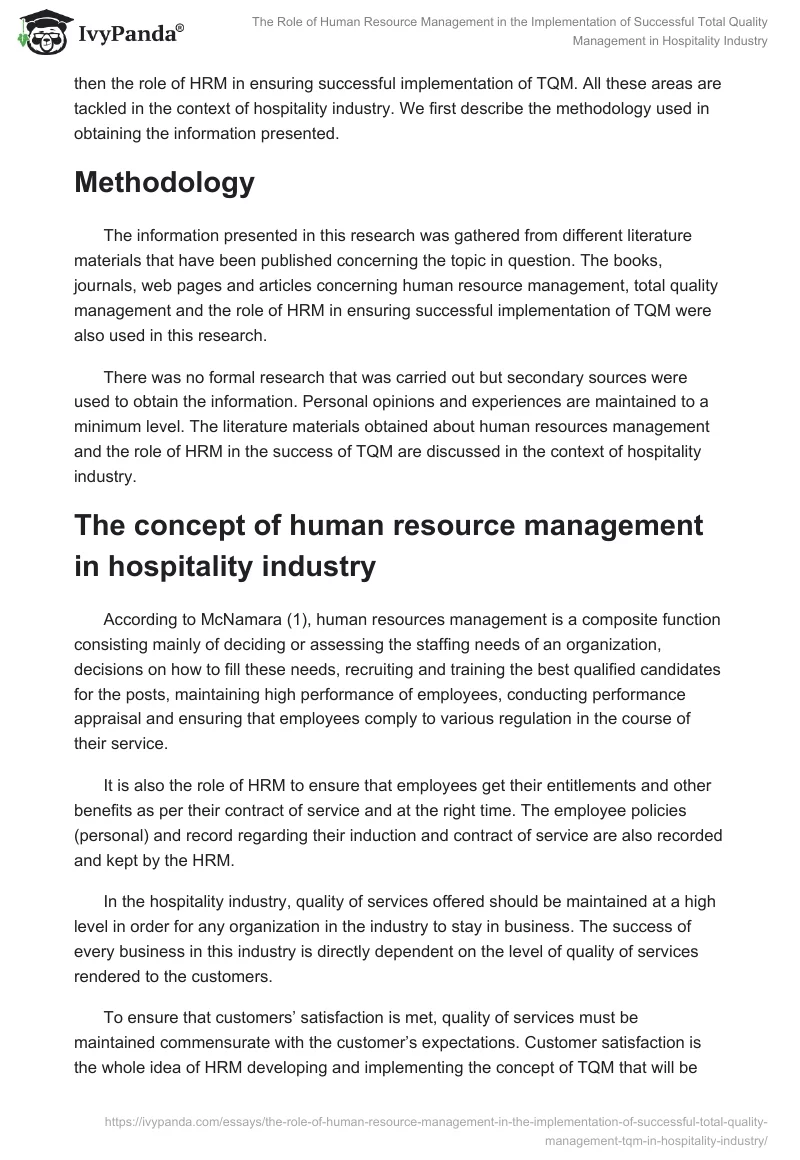 The Role of Human Resource Management in the Implementation of Successful Total Quality Management in Hospitality Industry. Page 2