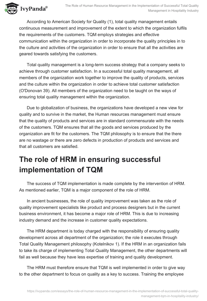 The Role of Human Resource Management in the Implementation of Successful Total Quality Management in Hospitality Industry. Page 4