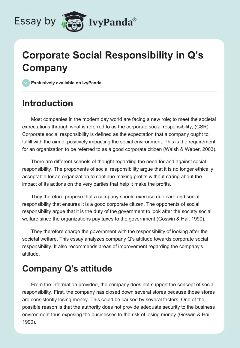 Corporate Social Responsibility in Q’s Company. Page 1