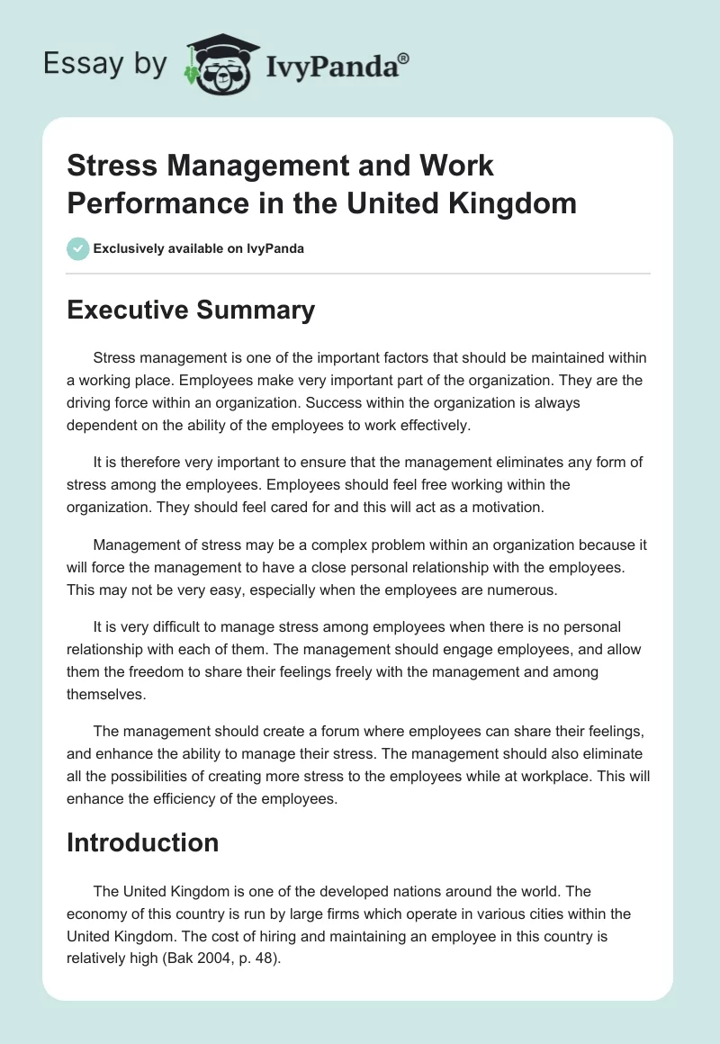 Stress Management and Work Performance in the United Kingdom. Page 1