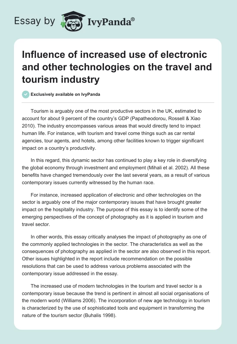 Influence of increased use of electronic and other technologies on the travel and tourism industry. Page 1