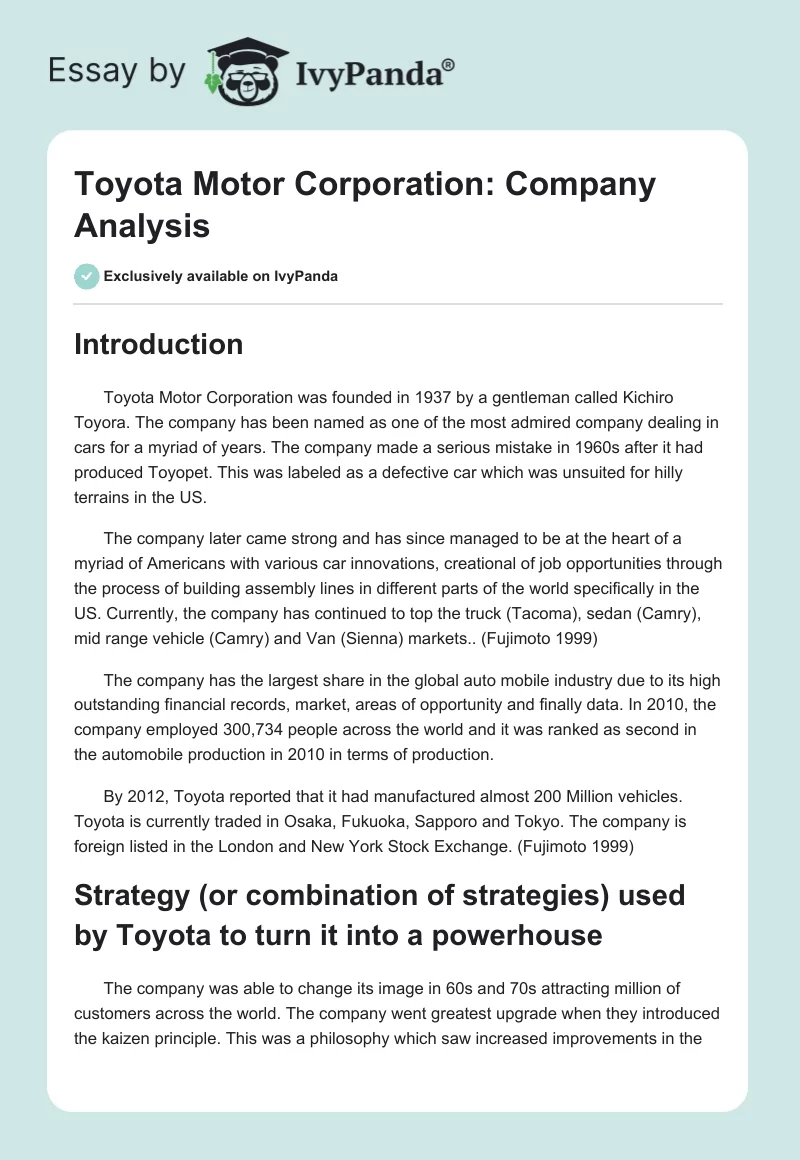 Toyota Motor Corporation: Company Analysis. Page 1