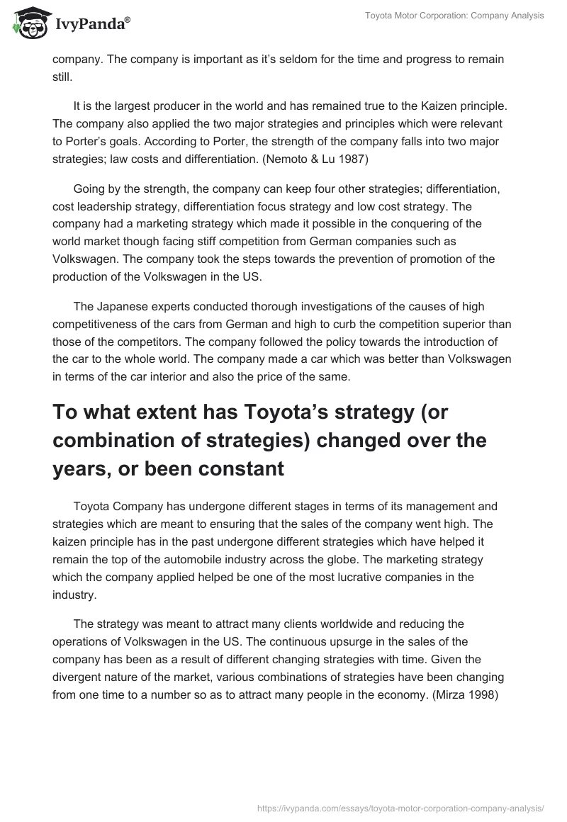 Toyota Motor Corporation: Company Analysis. Page 2