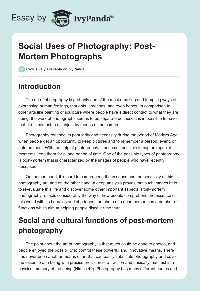 Social Uses of Photography: Post-Mortem Photographs. Page 1