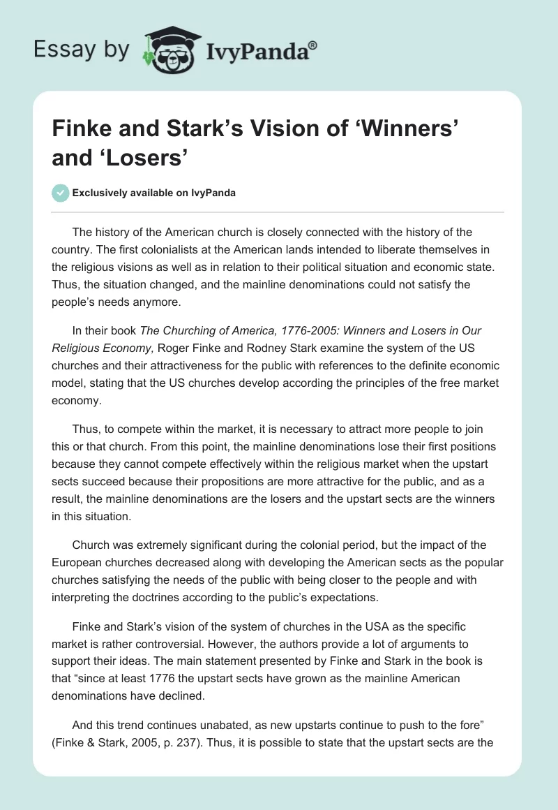 Finke and Stark’s Vision of ‘Winners’ and ‘Losers’. Page 1