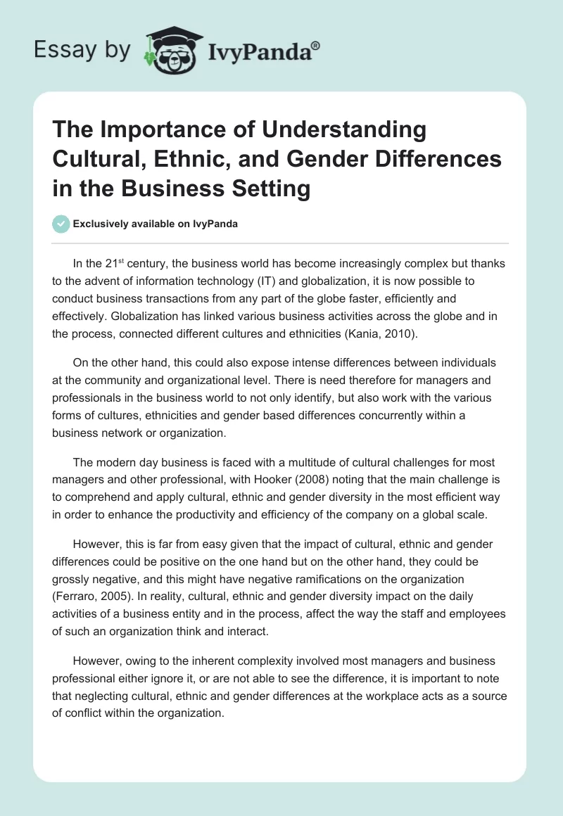 The Importance of Understanding Cultural, Ethnic, and Gender Differences in the Business Setting. Page 1