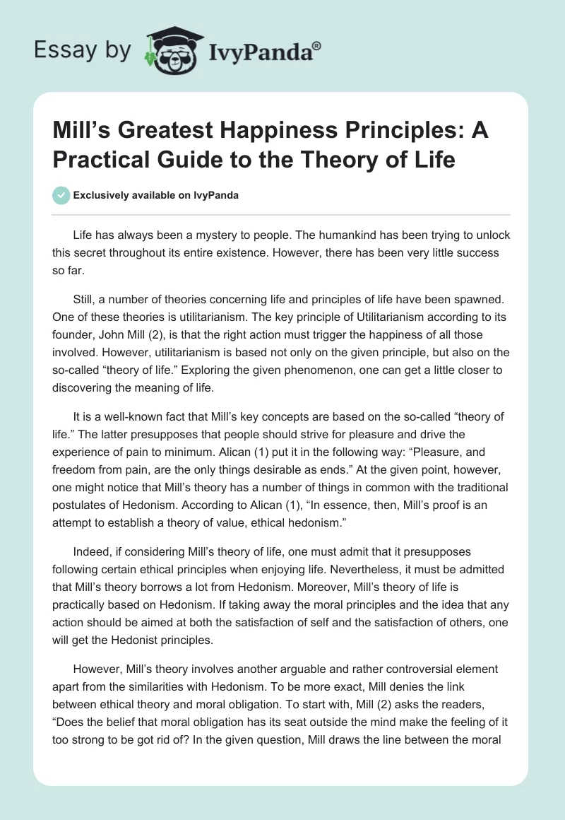 Mill’s Greatest Happiness Principles: A Practical Guide to the Theory of Life. Page 1