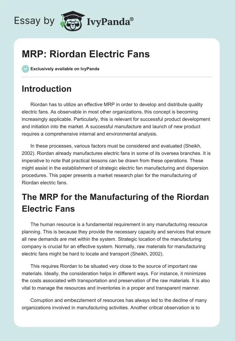 MRP: Riordan Electric Fans. Page 1
