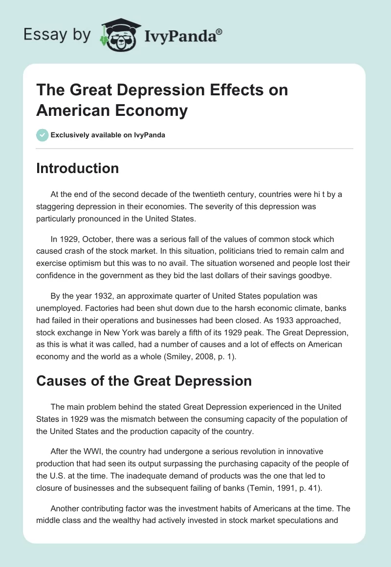 The Great Depression Effects on American Economy. Page 1