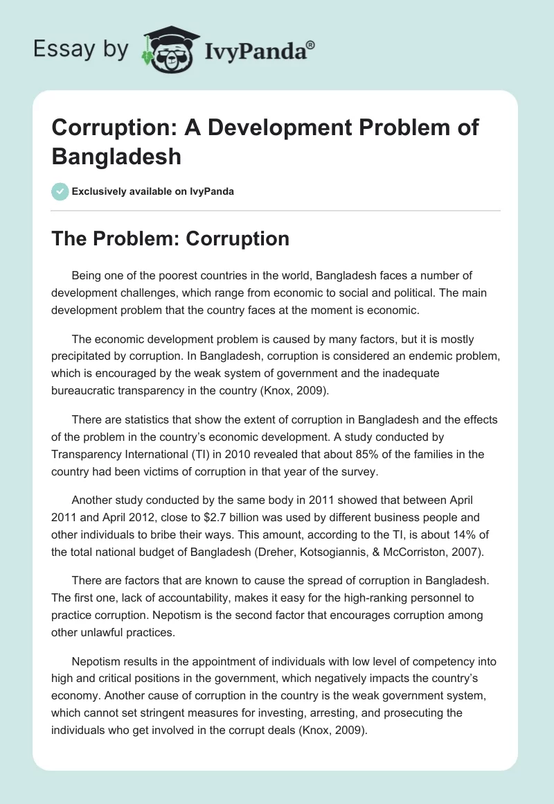 Corruption: A Development Problem of Bangladesh. Page 1
