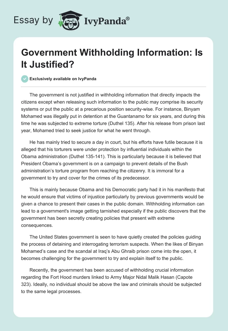 Government Withholding Information: Is It Justified?. Page 1