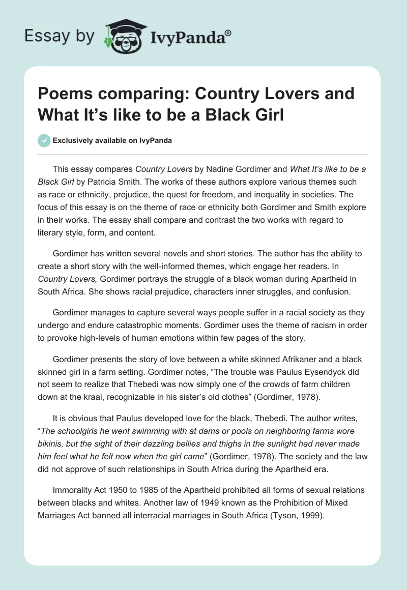 Poems comparing: Country Lovers and What It’s like to be a Black Girl. Page 1