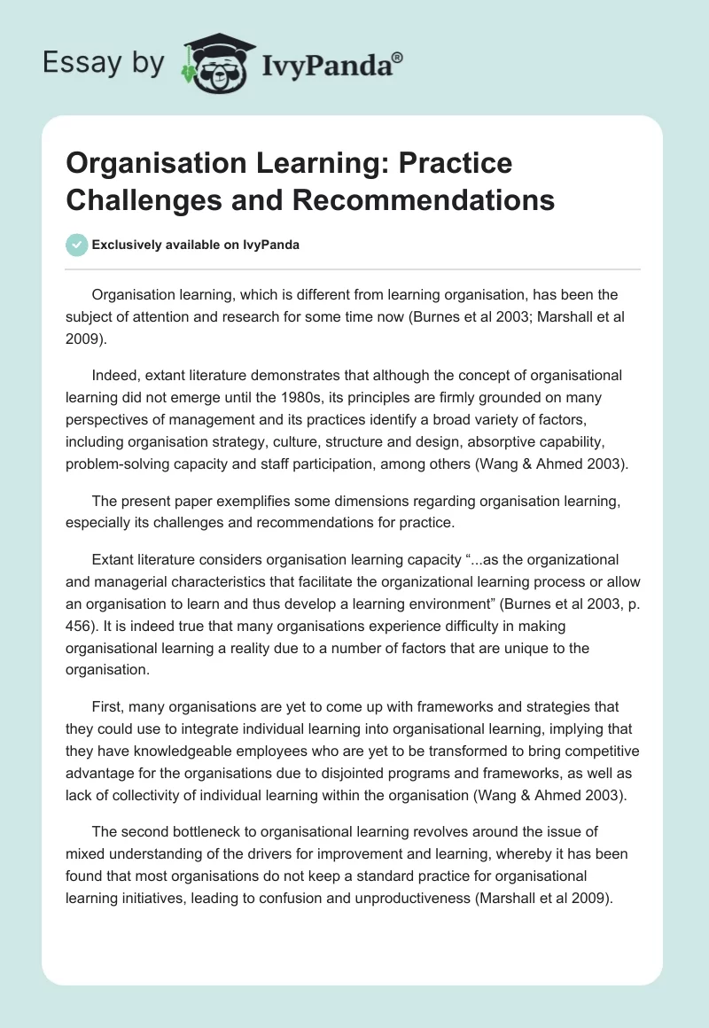 Organisation Learning: Practice Challenges and Recommendations. Page 1