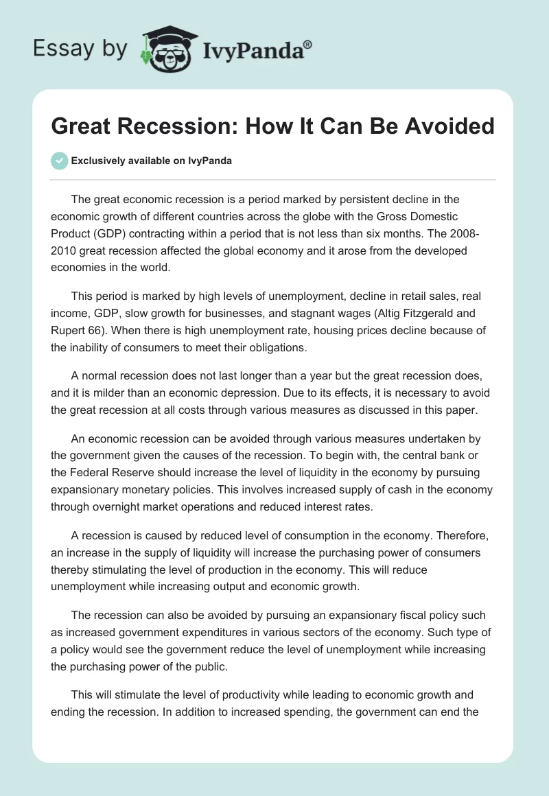 Great Recession: How It Can Be Avoided. Page 1