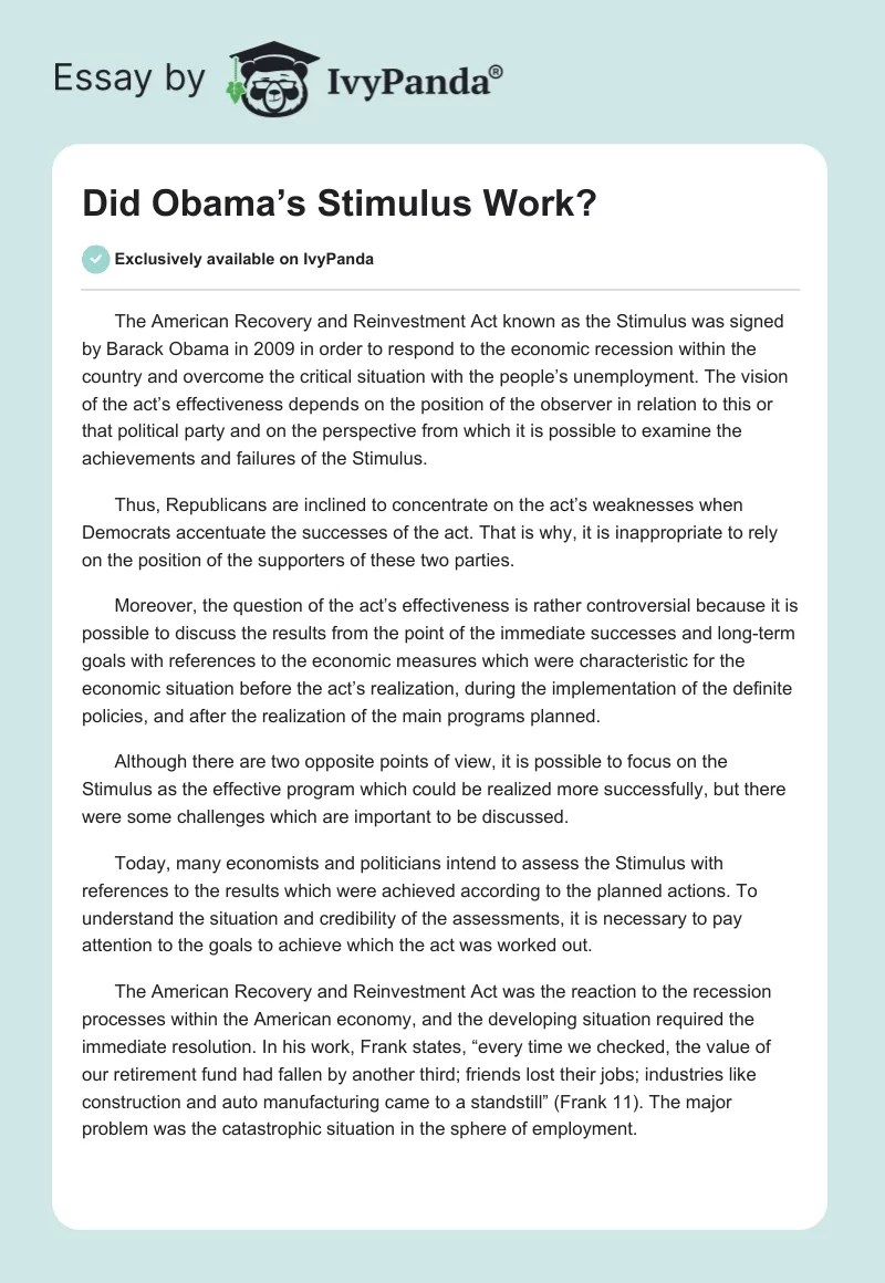 Did Obama’s Stimulus Work?. Page 1