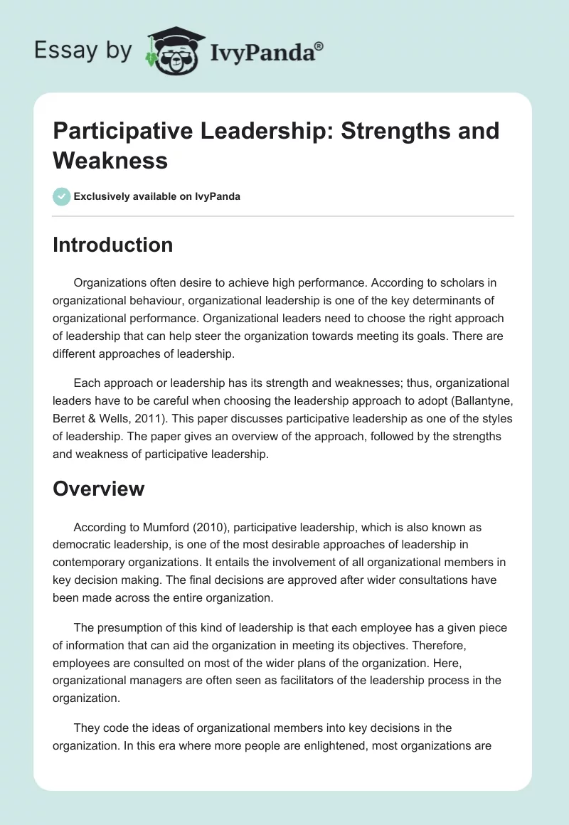 Participative Leadership: Strengths and Weakness. Page 1
