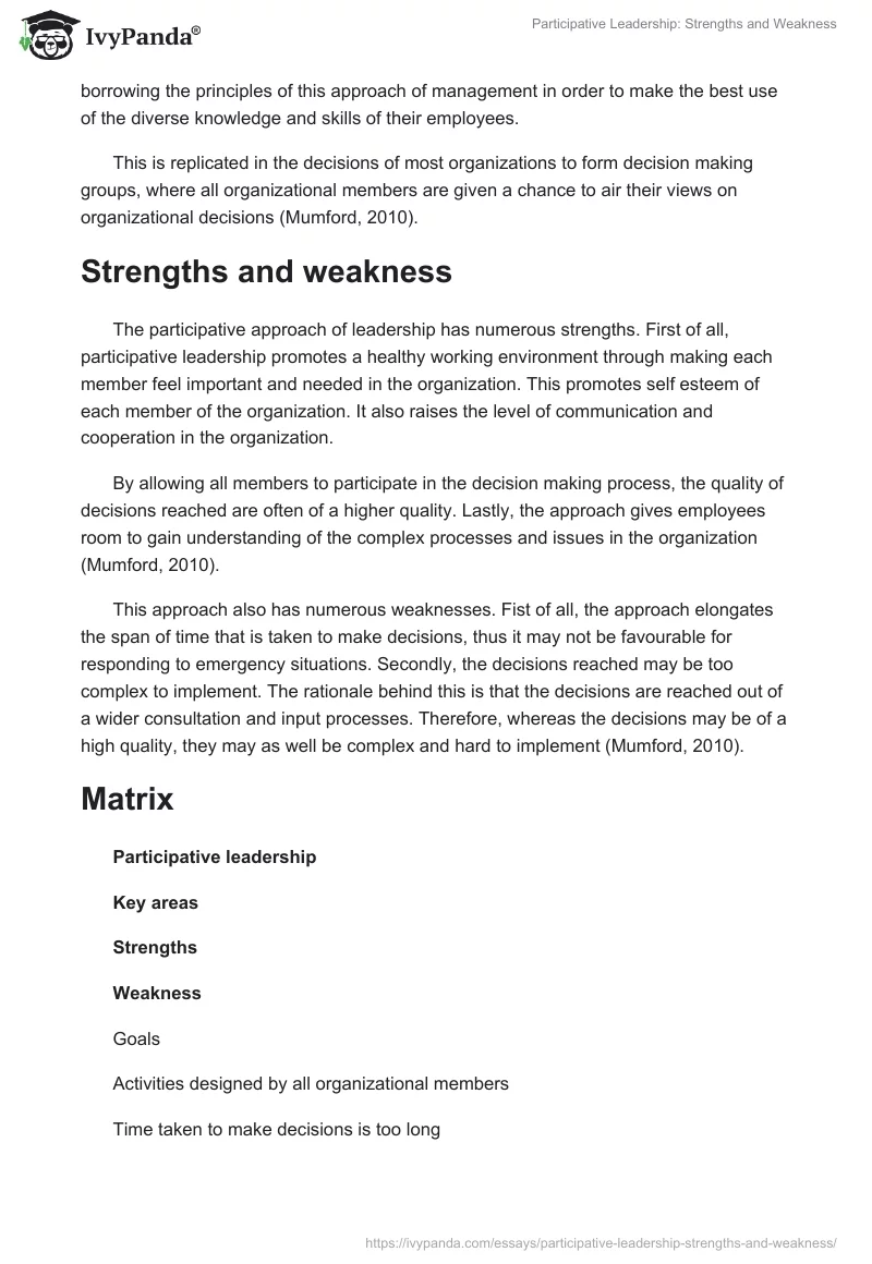 Participative Leadership: Strengths and Weakness. Page 2