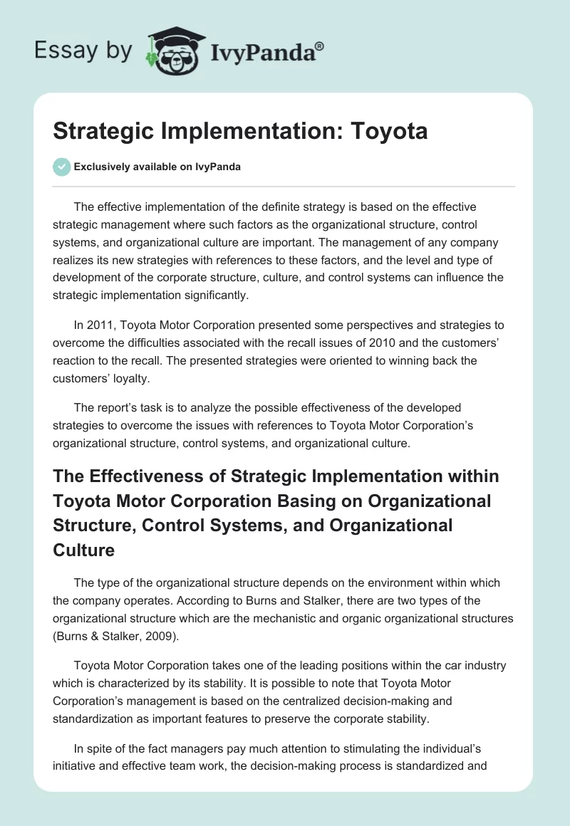 Strategic Implementation: Toyota. Page 1