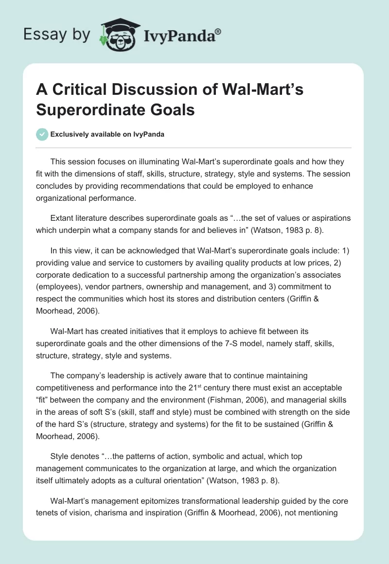 A Critical Discussion of Wal-Mart’s Superordinate Goals. Page 1