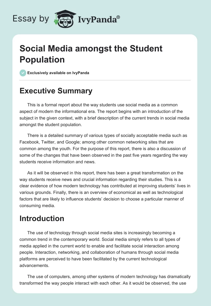 Social Media Amongst the Student Population. Page 1