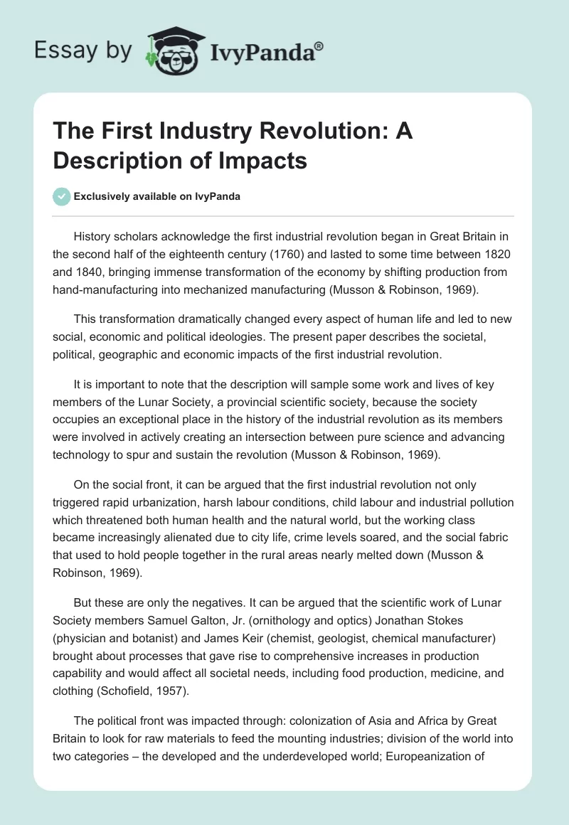The First Industry Revolution: A Description of Impacts. Page 1