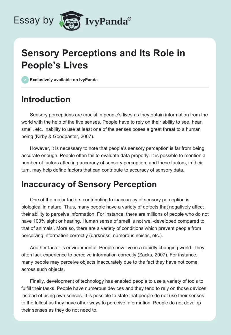 Sensory Perceptions and Its Role in People’s Lives. Page 1