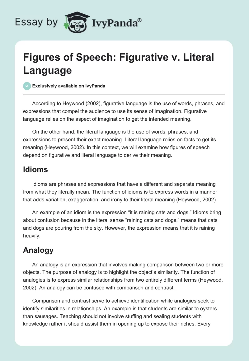 Figures of Speech: Figurative v. Literal Language. Page 1