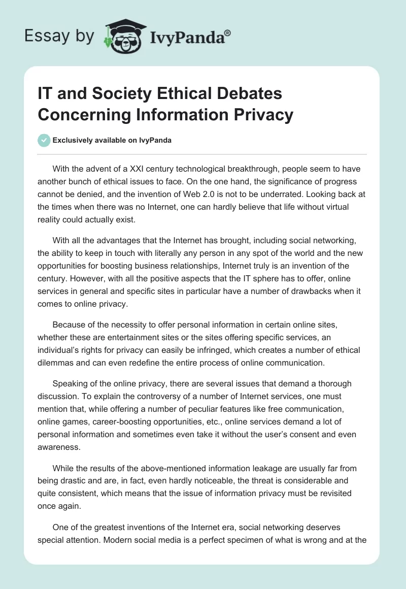 IT and Society Ethical Debates Concerning Information Privacy. Page 1