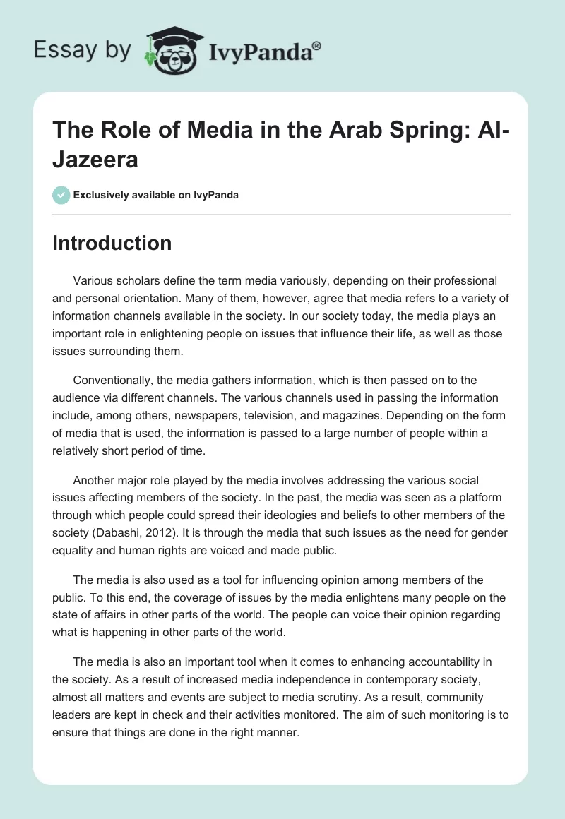 The Role of Media in the Arab Spring: Al-Jazeera. Page 1
