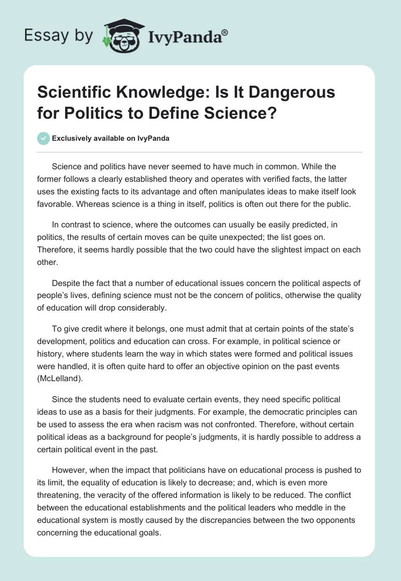 Scientific Knowledge: Is It Dangerous for Politics to Define Science?. Page 1