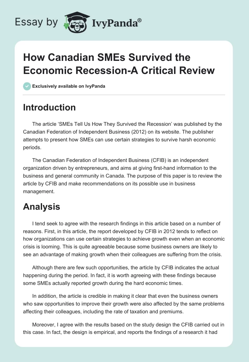 How Canadian SMEs Survived the Economic Recession-A Critical Review. Page 1