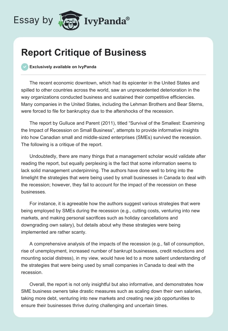 Report Critique of Business. Page 1