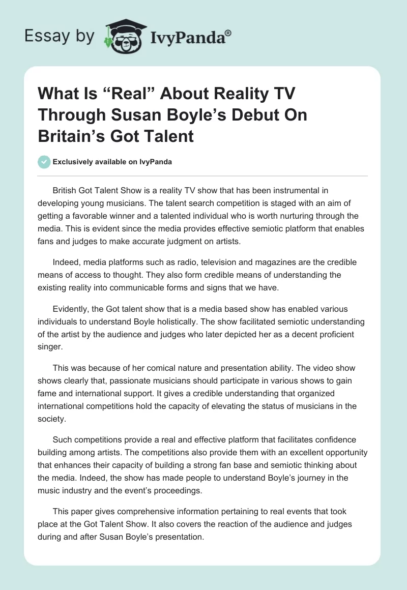 What Is “Real” About Reality TV Through Susan Boyle’s Debut On Britain’s Got Talent. Page 1