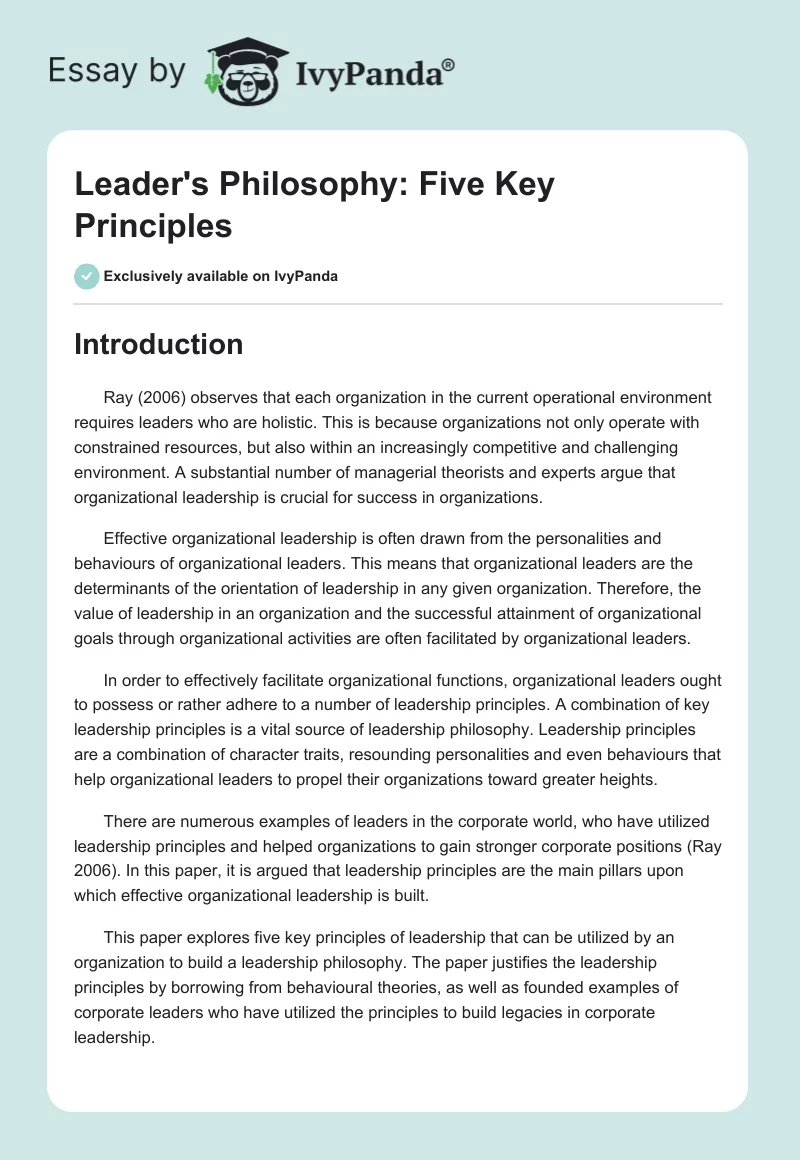 Leader's Philosophy: Five Key Principles. Page 1