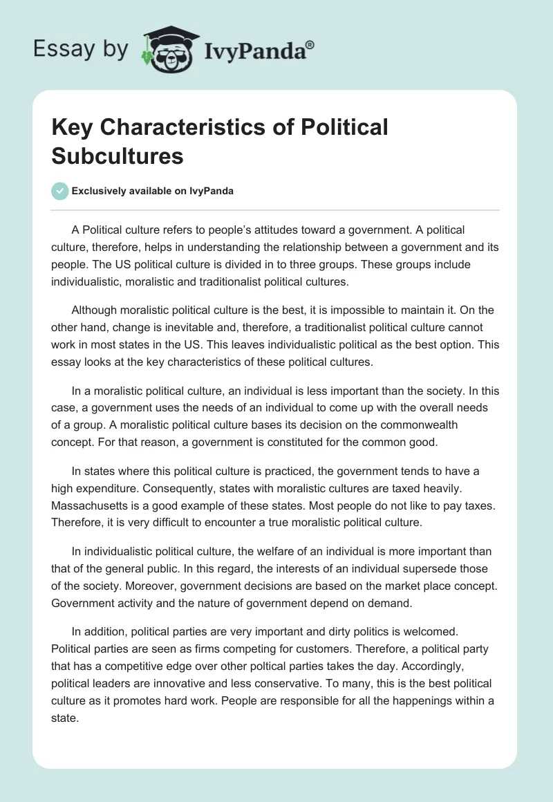 Key Characteristics of Political Subcultures. Page 1