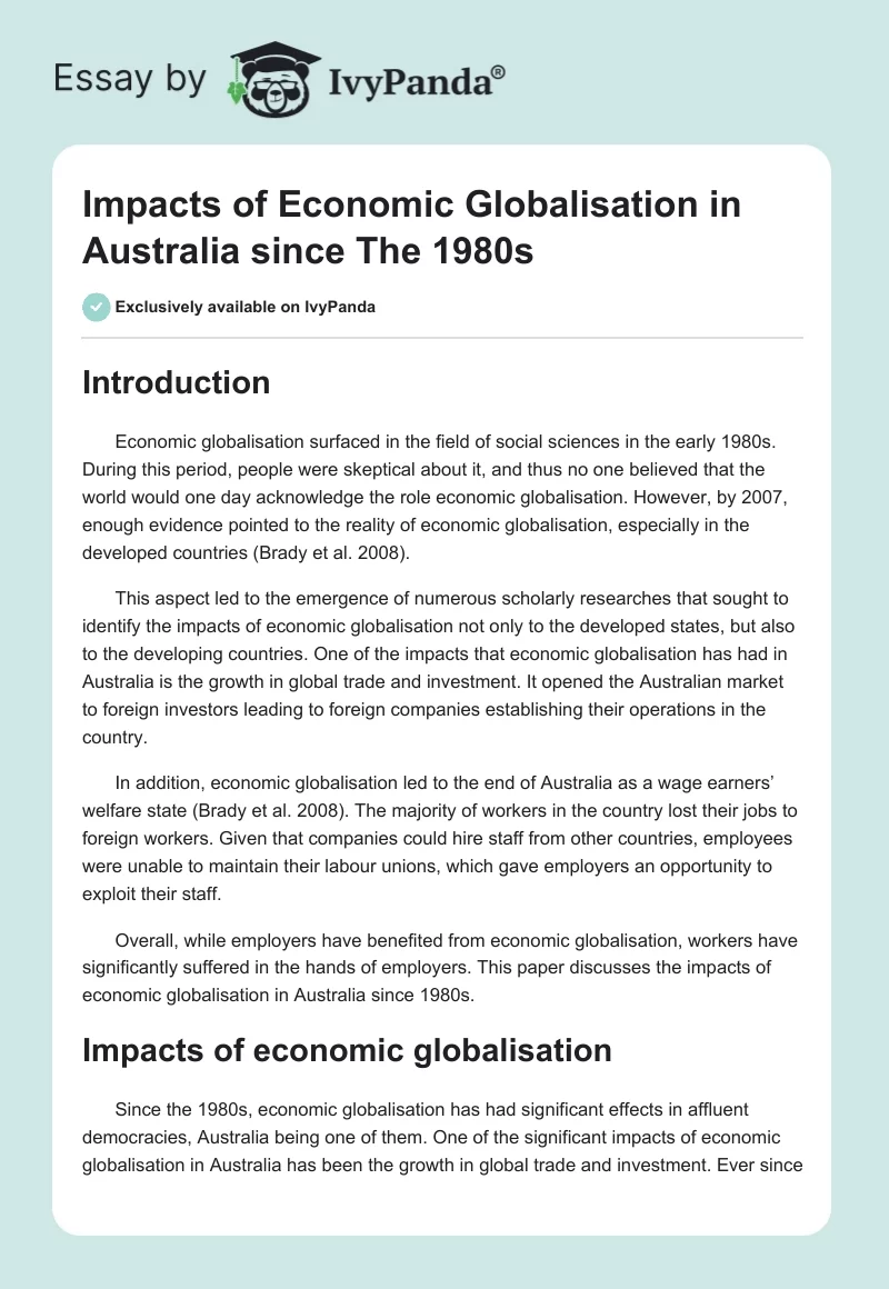 Impacts of Economic Globalisation in Australia since The 1980s. Page 1